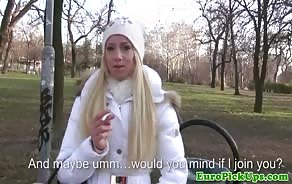 Amateur blonde babe gets picked up and fucked then cummed on in public