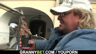Old granny in stockings rides stranger