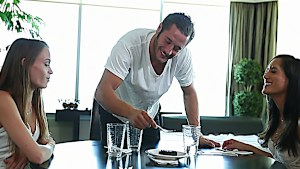 Two skinny glam babes in a sexy threesome