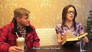 Big-headed college teen gets cum on her glasses