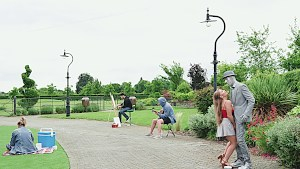 Hot babe Alessandra erects the huge penis of a living statue