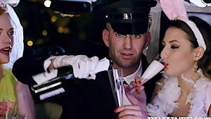 Party girls eat the driver's massive schlong