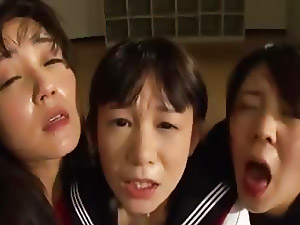 Really cute Asian girls take gooey cum all over their innocent faces...