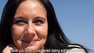 Black haired Euro gets her titties painted white