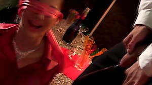 Elegant Euro lady pees before a glazing