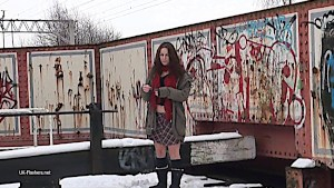 Large breast chick rubs her pussy outdoors