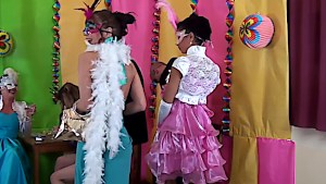 Hot ladies at a party get in a group orgy