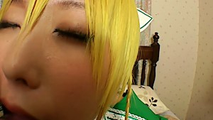 Japanese babe in a costume gets her sweet snatch railed