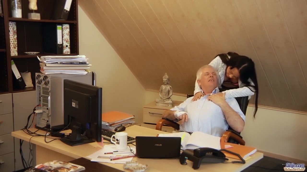 Teen secretary working naked fucks old boss