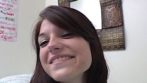 Teen in POV gags on cock and takes the load