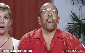 Amazing milf babe with glasses and big tits gets two guy