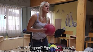 Naughty girl gets her tits fucked in public for cash