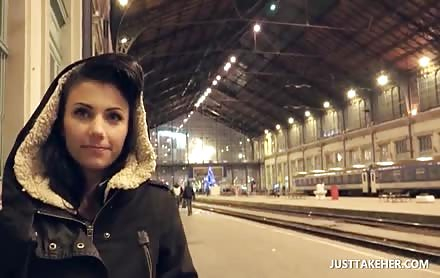 Cute brunette flashing tits in public